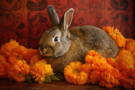 Rabbit and marigold flowers on a red background. Easter.の素材