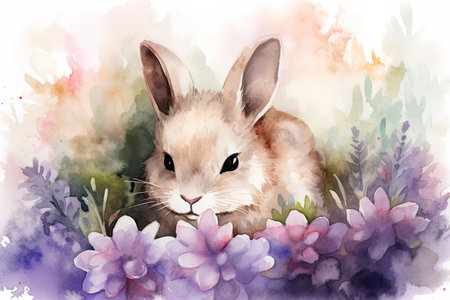 Watercolor illustration of a cute rabbit on a background of flowers.の素材