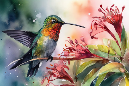 Watercolor painting of a beautiful hummingbird sitting on a flower.の素材