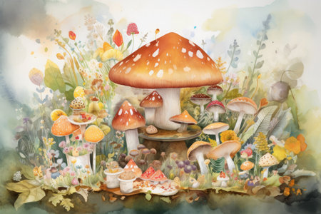Watercolor painting of mushrooms in the forest. Hand drawn illustration.の素材
