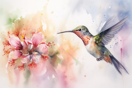 Watercolor painting of a hummingbird with flowers in the background.の素材