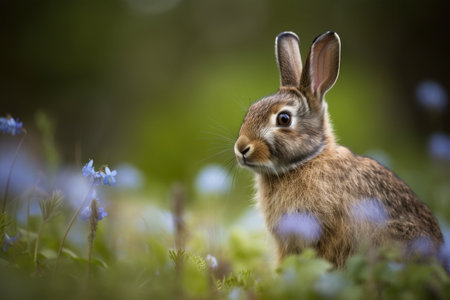 Rabbit in the forest on a green meadow with blue flowersの素材