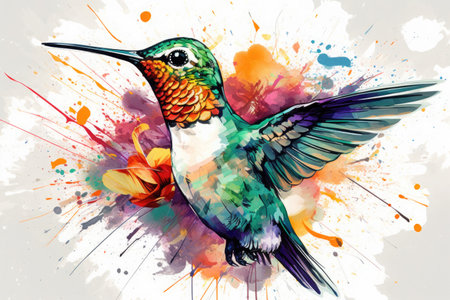 Watercolor painting of Hummingbird with flower. Isolated on white backgroundの素材
