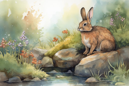 watercolor painting of a rabbit sitting on a rock by the riverの素材