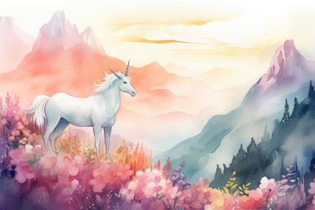 Watercolor painting of a unicorn on the background of mountains and flowers.の素材