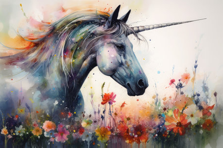 Watercolor illustration of a flying unicorn on a background of blooming cherry treesの素材