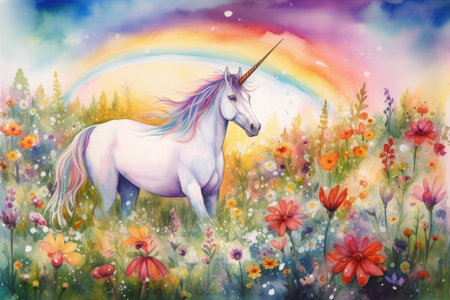 Unicorn with rainbow on the background of flowers. Watercolor painting.の素材