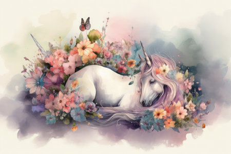 Beautiful unicorn with flowers in watercolor style. Hand drawn illustrationの素材