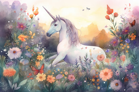 Unicorn in the meadow with flowers. Watercolor illustrationの素材