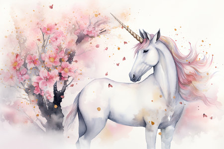 Watercolor unicorn and cherry blossom. Digital art painting on white background.の素材
