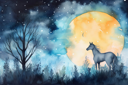 Horse in the forest and full moon. Watercolor illustration.の素材