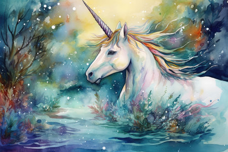 Unicorn in the water. Watercolor painting. Original illustration.の素材