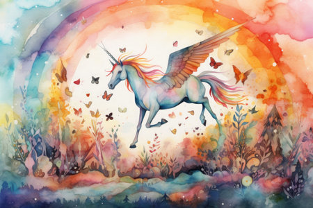 Watercolor unicorn in the forest with butterflies and rainbow. Illustrationの素材