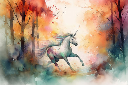 Watercolor painting of a unicorn in the forest. Digital art painting.の素材