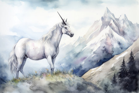 Watercolor illustration of a white unicorn on the background of mountains.の素材