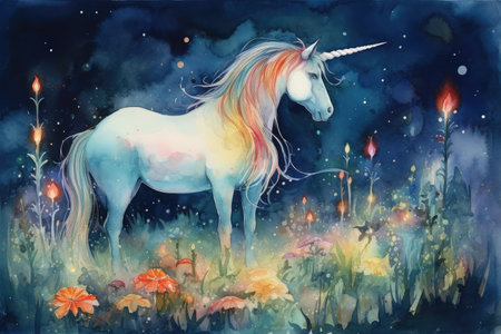 Unicorn in the meadow. Watercolor illustration for your designの素材
