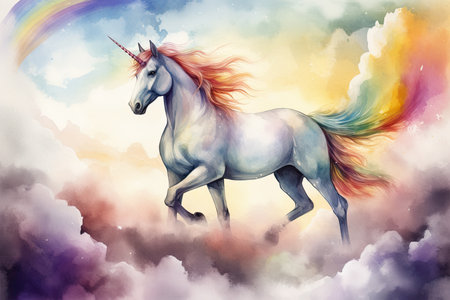 Unicorn on a background of clouds. Watercolor illustration.の素材
