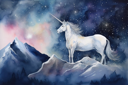 Watercolor illustration of a white unicorn in the night sky with cloudsの素材