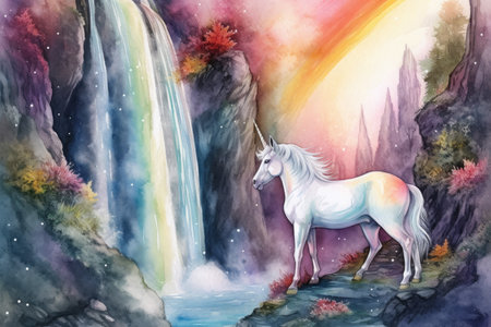 Watercolor fantasy landscape with unicorn, waterfall and rainbow. Hand drawn illustrationの素材
