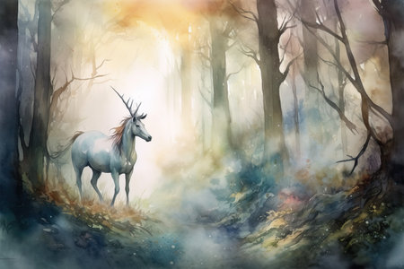 Digital painting of a white unicorn in a misty forest. Fantasy landscape.の素材