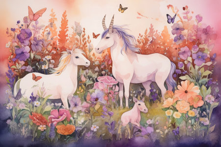 Watercolor painting of beautiful unicorns and flowers. Hand drawn illustration.の素材