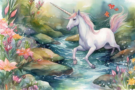 Watercolor illustration of a unicorn in the river. Watercolor hand drawn illustrationの素材