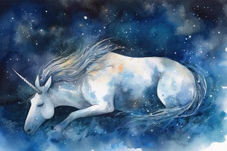 Watercolor unicorn on the background of the starry sky. Hand drawn illustrationの素材