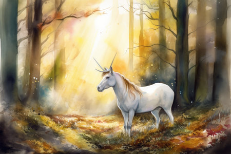 Watercolor painting of white unicorn in autumn forest. Digital art painting.の素材