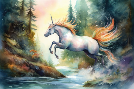 Watercolor painting of a unicorn in the forest. Digital art illustration.の素材