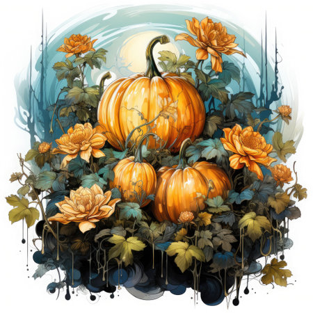Pumpkin with autumn flowers and leaves. Hand drawn illustration.の素材