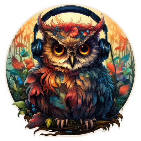 Cute Owl Vector Illustration, A vibrant and cheerful sticker featuring a Happy Colorful Owl wearing Headphones, Generative Aiの素材
