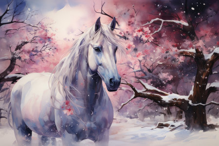 A serene watercolor Unicorn resting beside a tranquil pond, its pearlescent horn reflecting the moonlight, fireflies dancing around, Generative Aiの素材