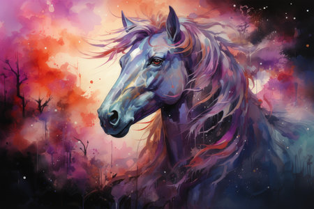A serene watercolor Unicorn resting beside a tranquil pond, its pearlescent horn reflecting the moonlight, fireflies dancing around, Generative Aiの素材