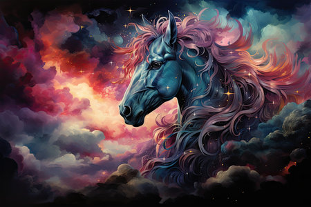 A serene watercolor Unicorn resting beside a tranquil pond, its pearlescent horn reflecting the moonlight, fireflies dancing around, Generative Aiの素材