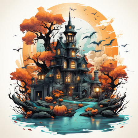 A spooky halloween haunted house t-shirt design featuring a creepy mansion nestled in a foggy forest, bats flying overhead, a full moon casting an eerie glow, Generative Aiの素材