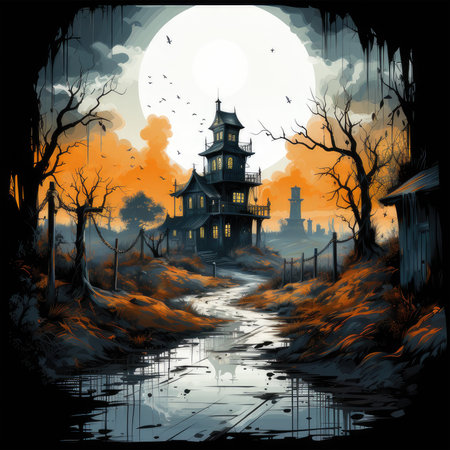 A spooky halloween haunted house t-shirt design featuring a creepy mansion nestled in a foggy forest, bats flying overhead, a full moon casting an eerie glow, Generative Aiの素材