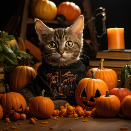 A captivating Halloween American Shorthair cat t-shirt design with a majestic black American Shorthair cat wearing a witch's hat and sitting on a pumpkin, Generative Aiの素材