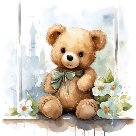 A watercolor Teddy Bear deep in a enchanted forest, illuminated by the soft glow of fireflies, towering ancient trees with vibrant foliage forming a protective canopy, Generative Aiの素材