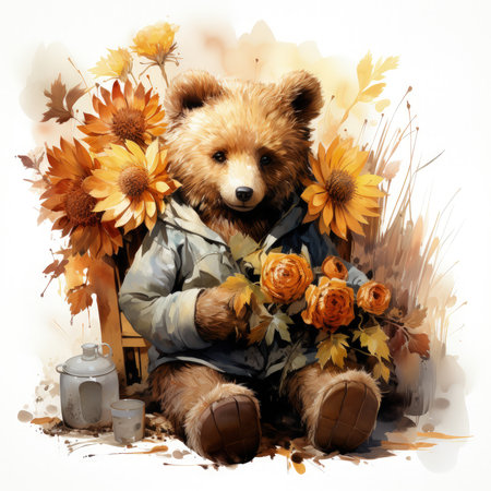 A watercolor Teddy Bear deep in a enchanted forest, illuminated by the soft glow of fireflies, towering ancient trees with vibrant foliage forming a protective canopy, Generative Aiの素材