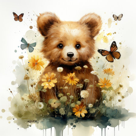 A watercolor Teddy Bear deep in a enchanted forest, illuminated by the soft glow of fireflies, towering ancient trees with vibrant foliage forming a protective canopy, Generative Aiの素材