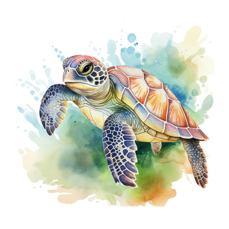 Watercolor Baby Turtle clipart showcasing a playful baby turtle crawling on a sandy beach, surrounded by sparkling ocean waves, seashells, and seaweed, the sun casting a warm glow, Generative Aiの素材