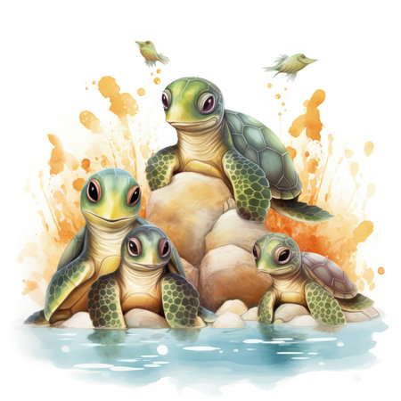 Watercolor Baby Turtle clipart showcasing a playful baby turtle crawling on a sandy beach, surrounded by sparkling ocean waves, seashells, and seaweed, the sun casting a warm glow, Generative Aiの素材