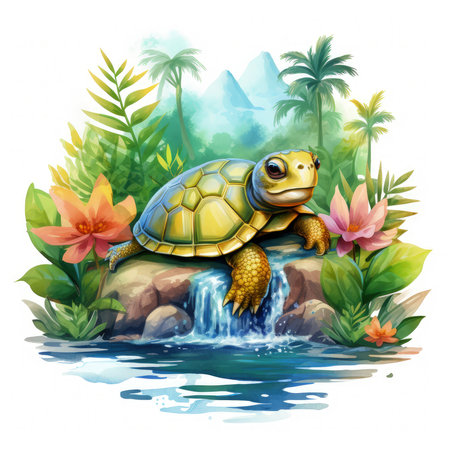 Watercolor Baby Turtle clipart showcasing a playful baby turtle crawling on a sandy beach, surrounded by sparkling ocean waves, seashells, and seaweed, the sun casting a warm glow, Generative Aiの素材