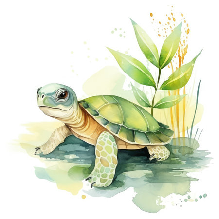 Watercolor Baby Turtle clipart showcasing a playful baby turtle crawling on a sandy beach, surrounded by sparkling ocean waves, seashells, and seaweed, the sun casting a warm glow, Generative Aiの素材