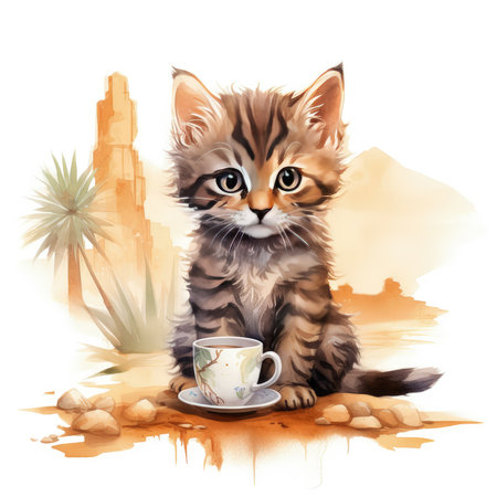 A playful watercolor Kitten with a Coffee Clipart, the adorable feline sitting on a saucer with a tiny coffee cup, its whiskers twitching with curiosity, a mischievous glint in its eyes, Generative Aiの素材