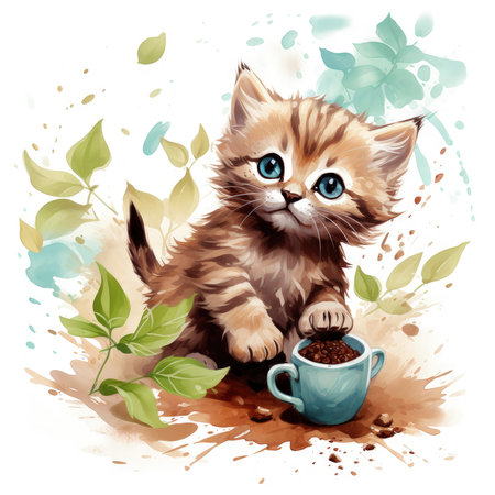 A playful watercolor Kitten with a Coffee Clipart, the adorable feline sitting on a saucer with a tiny coffee cup, its whiskers twitching with curiosity, a mischievous glint in its eyes, Generative Aiの素材