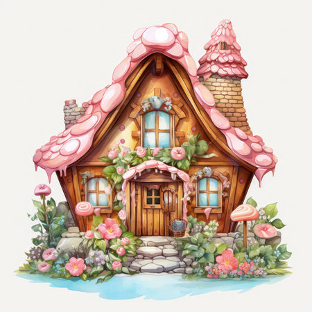 Watercolor Gingerbread House Clipart, a cozy gingerbread house covered in colorful icing and candy decorations, smoke gently rising from the chimney, Generative Aiの素材