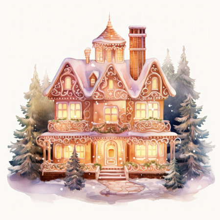 Watercolor Gingerbread House Clipart, a cozy gingerbread house covered in colorful icing and candy decorations, smoke gently rising from the chimney, Generative Aiの素材