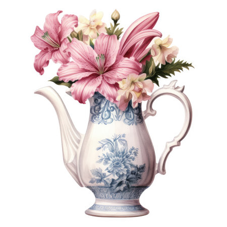 Watercolor teacups with pastel pink flowers Illustration, Generative Aiの素材