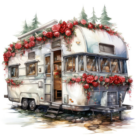 Watercolor Christmas caravan Illustration, Generative Aiの素材